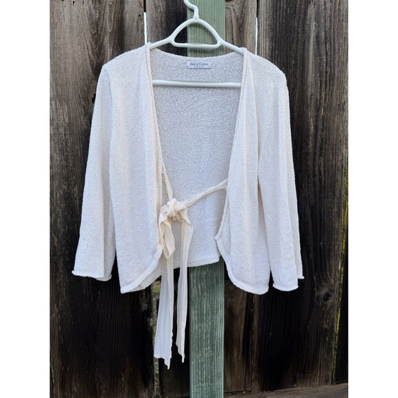 Ball of Cotton Knit Tie-Front Cardigan Cream 100% Rayon Large Made in USA - Picture 3 of 16